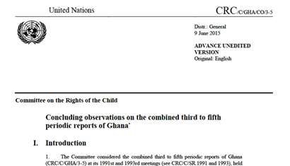 Ghana: CRC Concluding observations, CRC/C/GHA/CO/3-5, para. 57 – 58, 9 June 2015