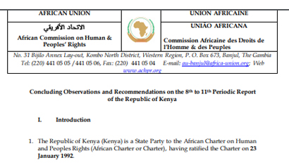 Kenya: ACHPR, Concluding Observations & Recommendations on the Combined 8th – 11th Periodic Report of the Republic of Kenya (2008 – 2014)