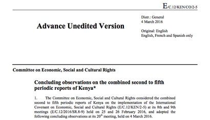 Kenya: CESCR, Concluding observations, E/C.12/KEN/CO/2-5, paras. 57-58, 4 March 2016